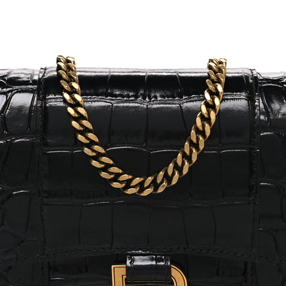 Balenciaga Shiny Calfskin Crocodile Embossed Hourglass Chain Bag Black 8 of 10