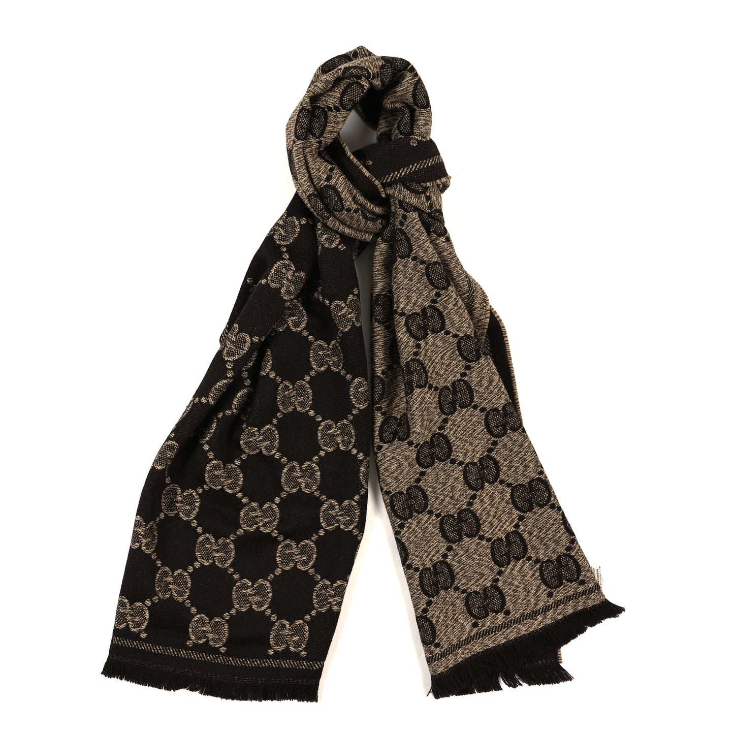 Wool Jacquard GG Monogram Sten Fringe Scarf Beige Dark Brown