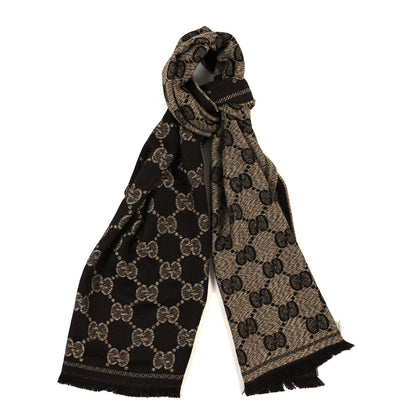 Gucci Wool Jacquard GG Monogram Sten Fringe Scarf Beige Dark Brown 1 of 5