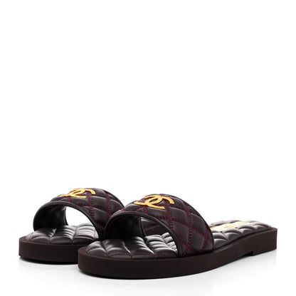 Chanel Lambskin Quilted Textured CC Mules Sandals 36.5 Burgundy 3 of 9