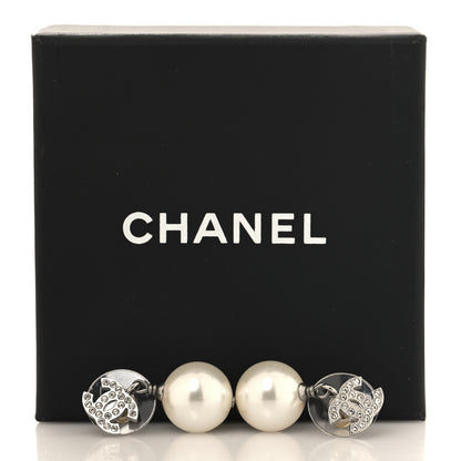 Chanel Crystal Pearl CC Drop Earrings Silver Pearly White 5 of 5