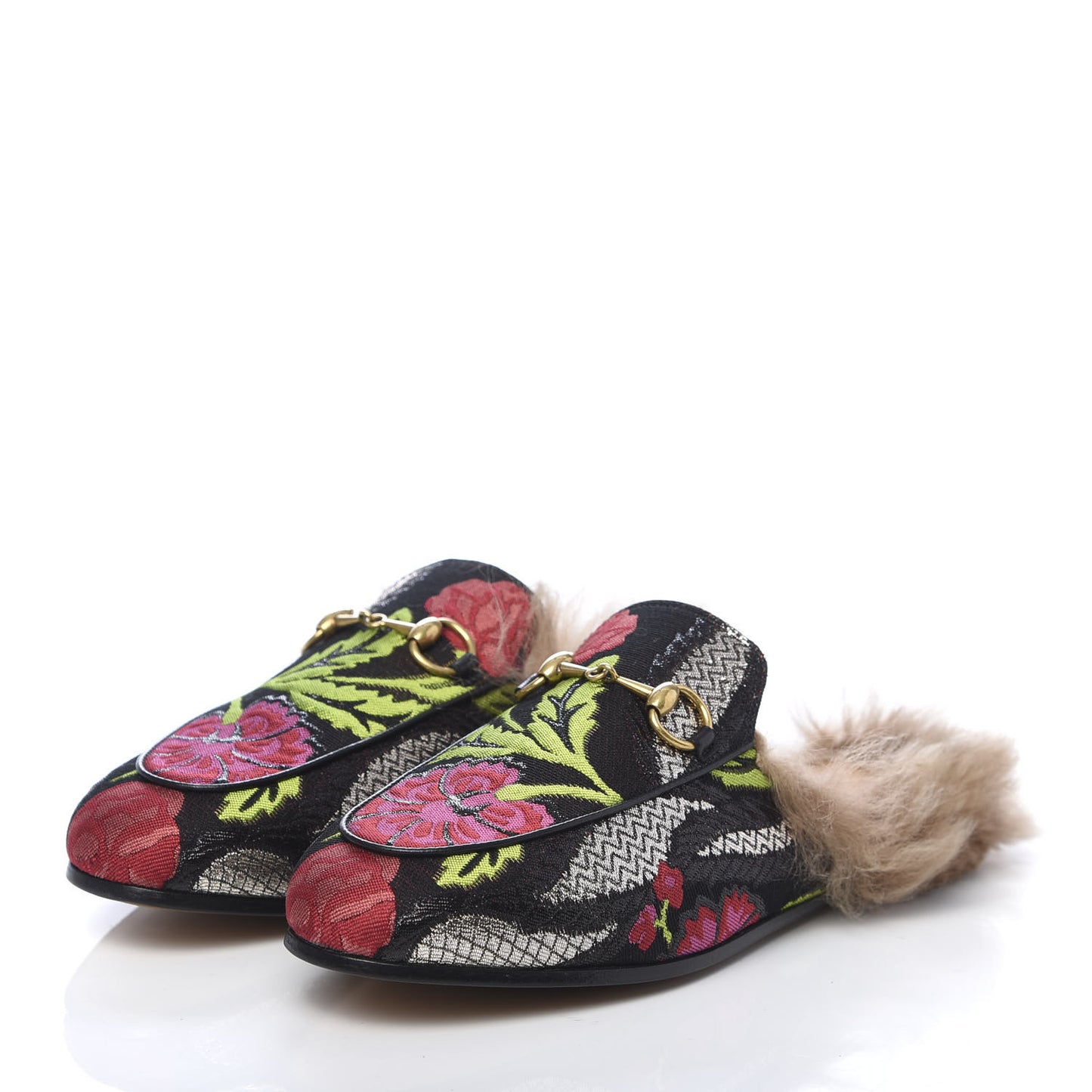 Brocade Fur Floral Womens Princetown Slippers 36 Black Anthracite