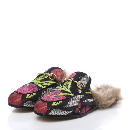 Gucci Brocade Fur Floral Womens Princetown Slippers 36 Black Anthracite 4 of 9
