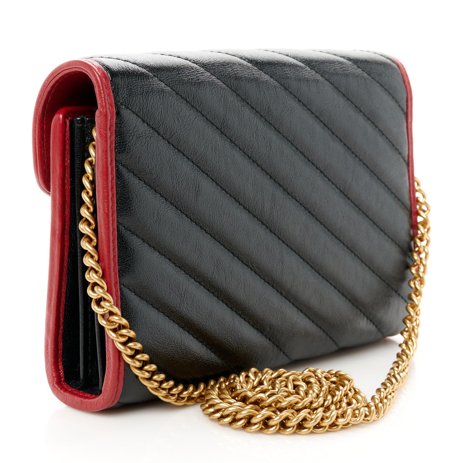 Gucci Vintage Effect Calfskin Matelasse Diagonal Torchon GG Marmont Chain Wallet Black Romantic Cherry 2 of 10