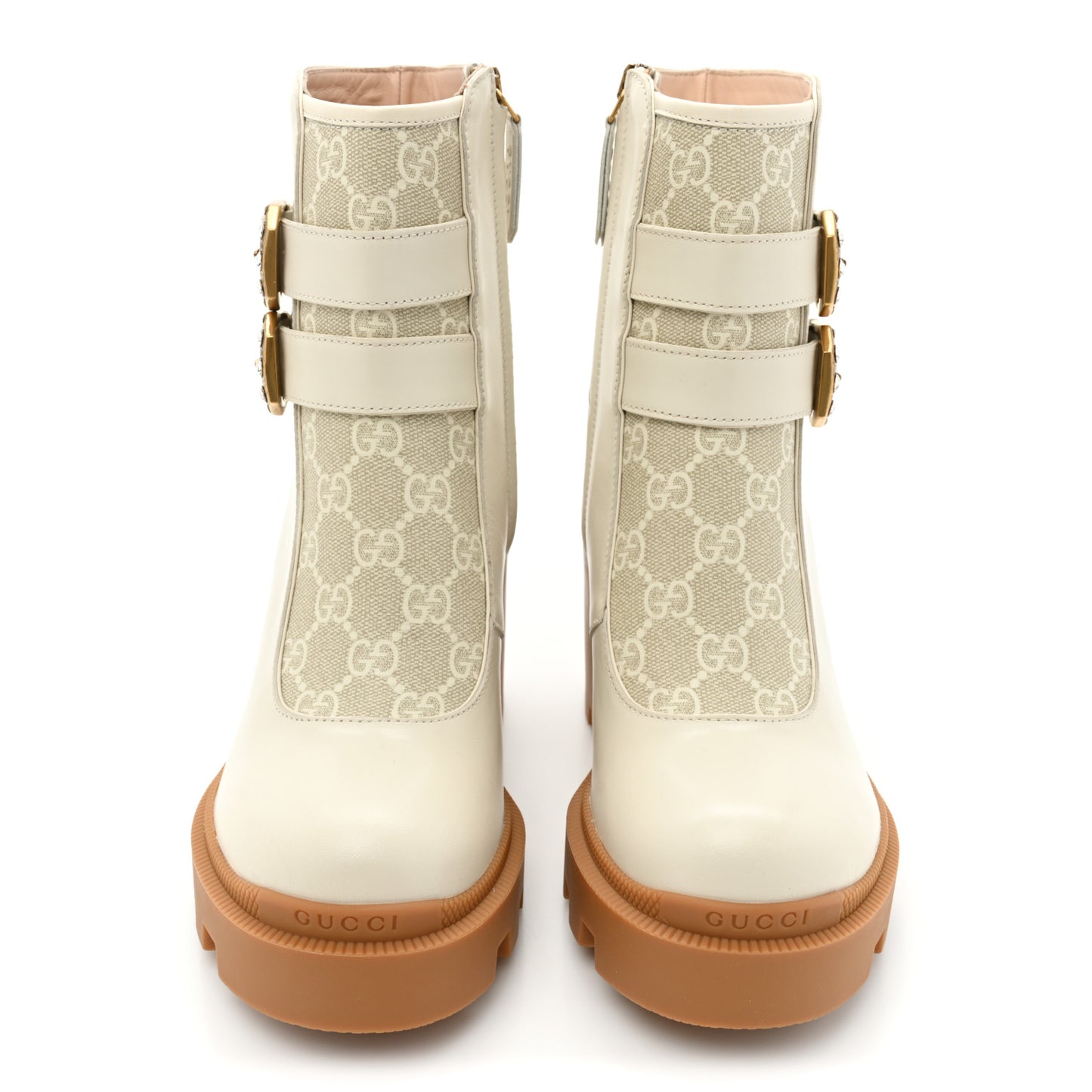 Kensington Calfskin Nappa GG Supreme Monogram Womens Double Buckle Ankle Boots 36 Mystic White Beige