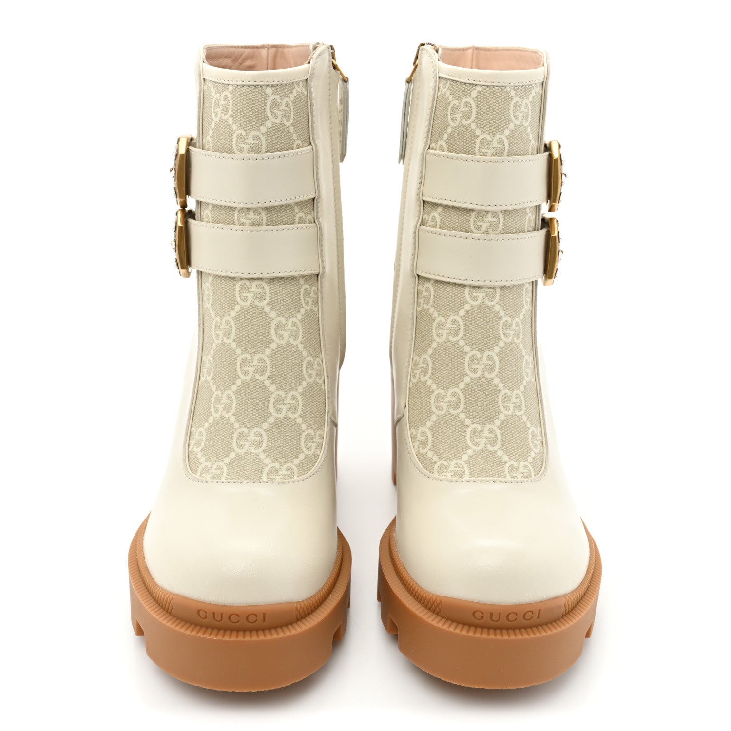 Gucci Kensington Calfskin Nappa GG Supreme Monogram Womens Double Buckle Ankle Boots 36 Mystic White Beige 2 of 9