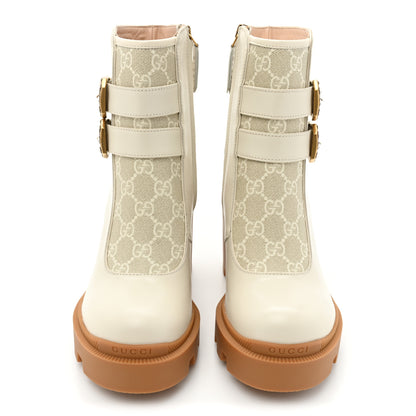 Gucci Kensington Calfskin Nappa GG Supreme Monogram Womens Double Buckle Ankle Boots 36 Mystic White Beige 2 of 9