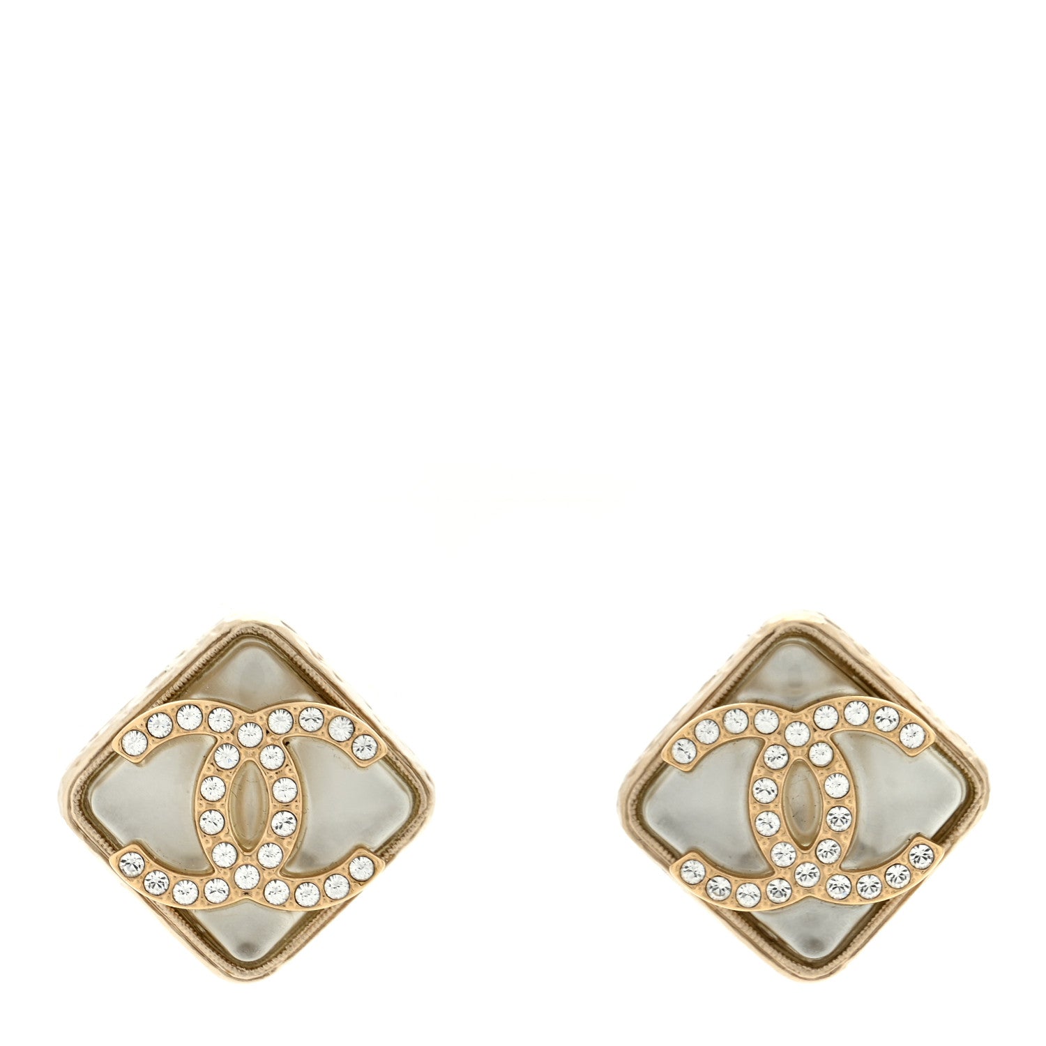 Chanel Pearl Crystal CC Square Earrings Gold 1 of 4