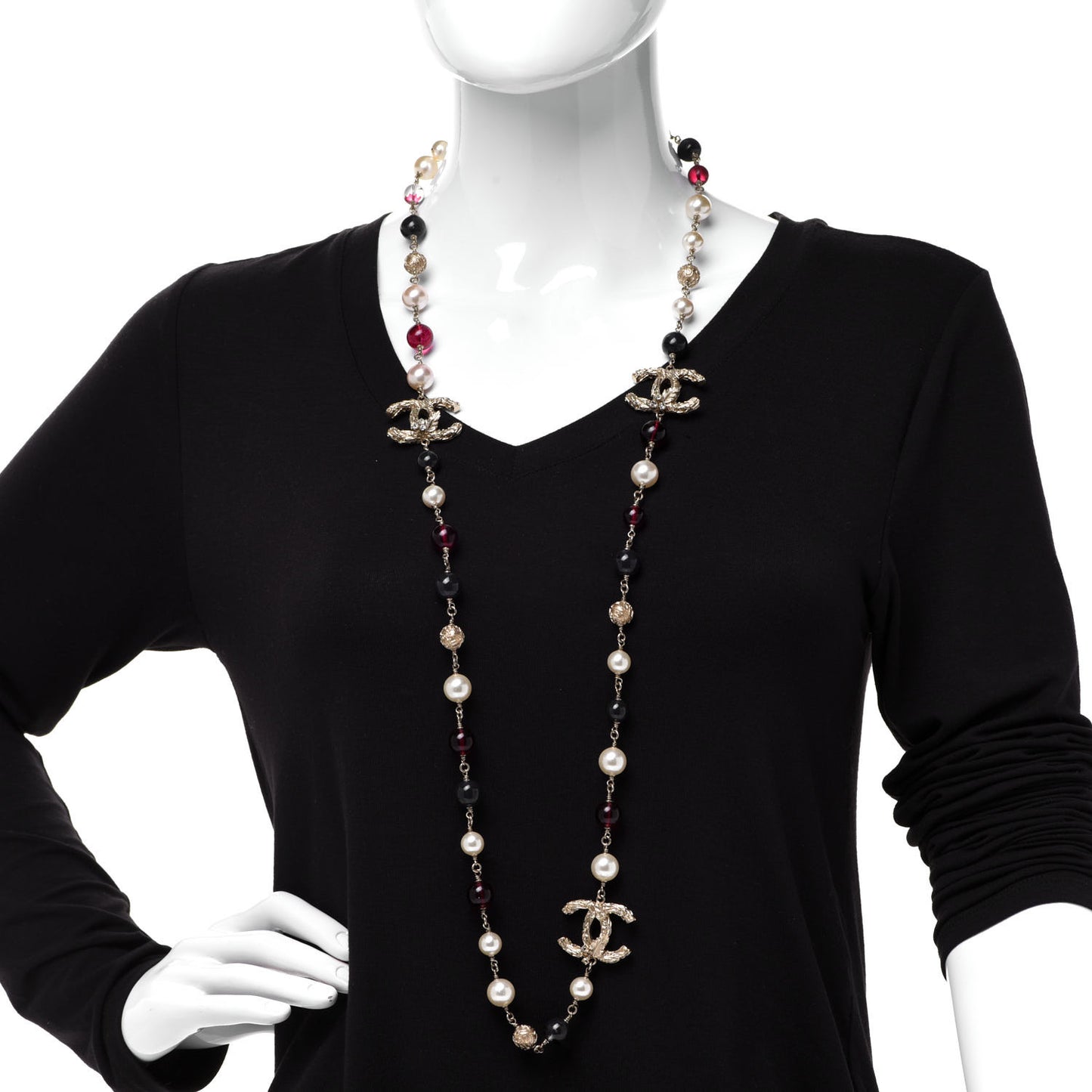 Beaded Pearl Textured CC Long Strand Necklace Blue Red Gold