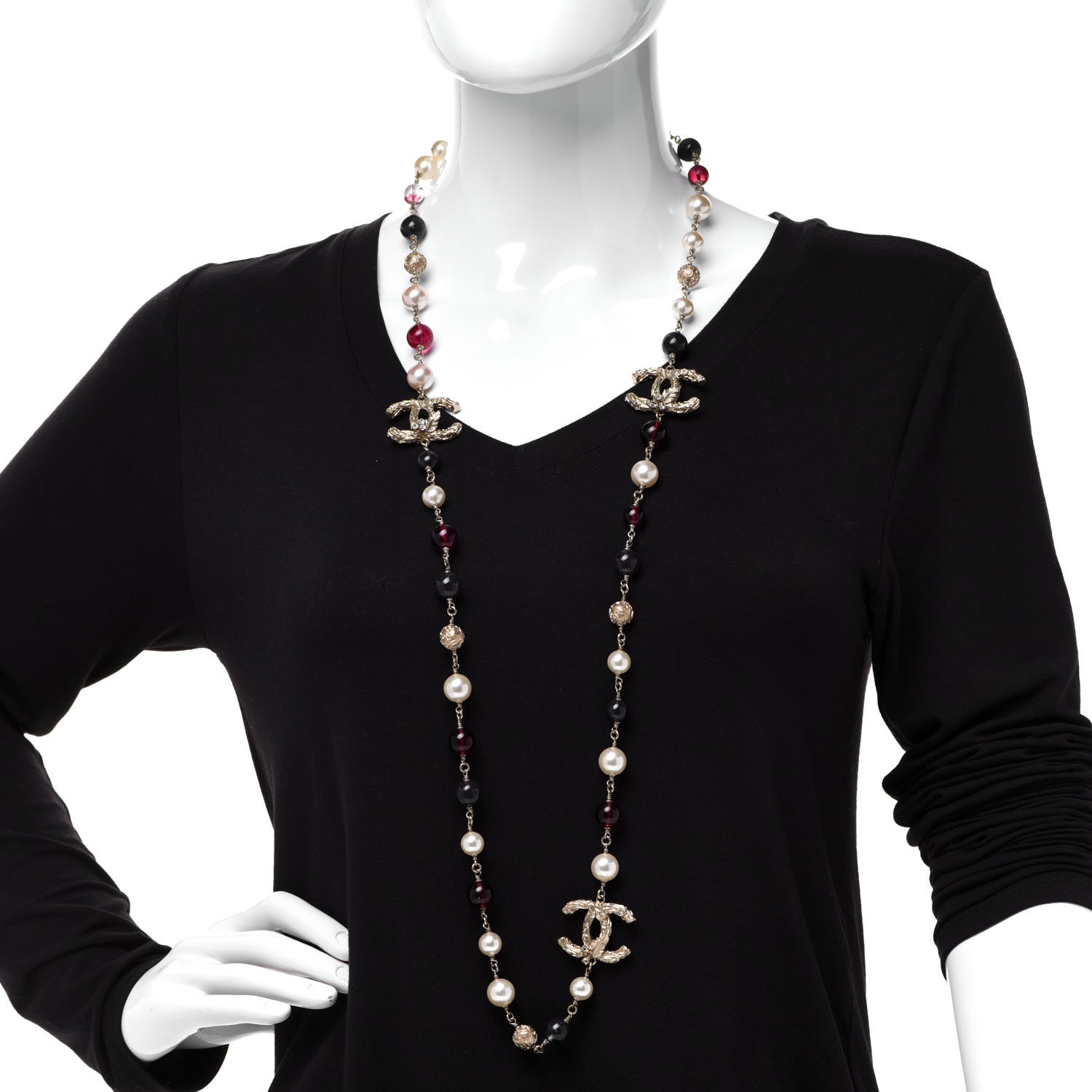 Chanel Beaded Pearl Textured CC Long Strand Necklace Blue Red Gold 2 of 7