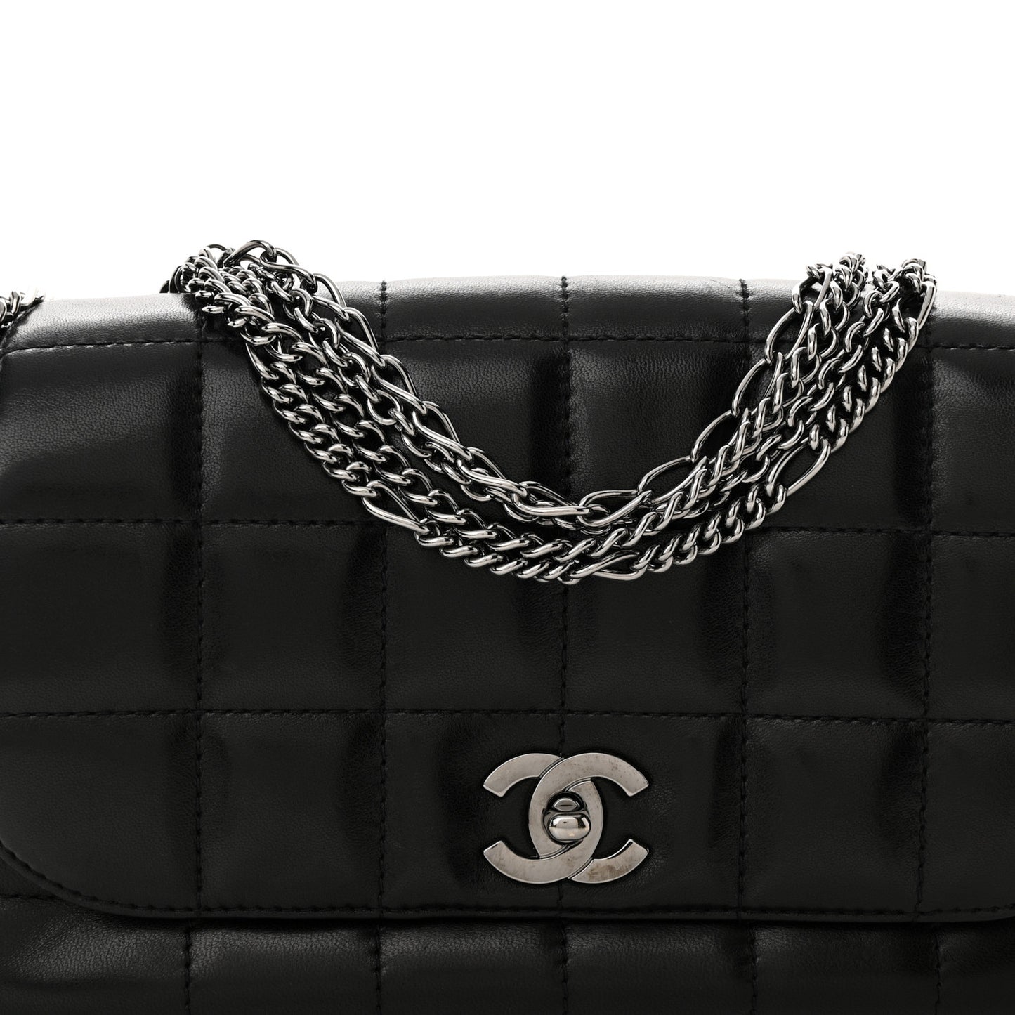 Lambskin Chocolate Bar Quilted Lambskin 5 Chain Flap Black