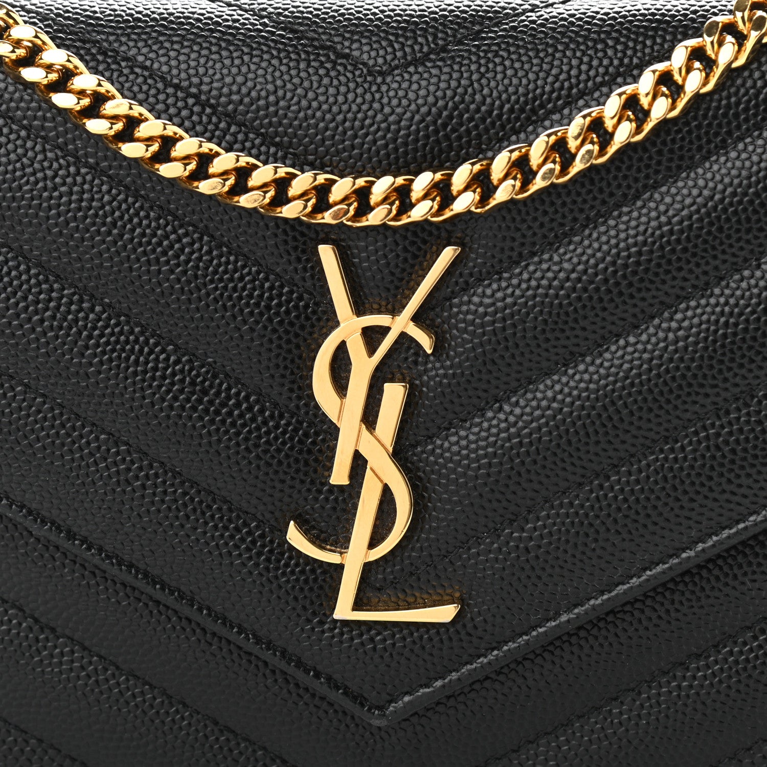 Saint Laurent Grain De Poudre Matelasse Chevron Monogram Envelope Chain Wallet Black 8 of 10