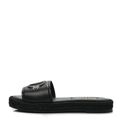 Chanel Lambskin Espadrille Mule Sandals 38 Black 1 of 10