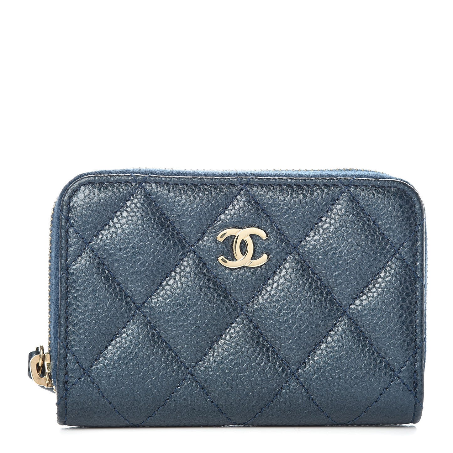 Iridescent Caviar Quilted Zip Coin Purse Dark Blue