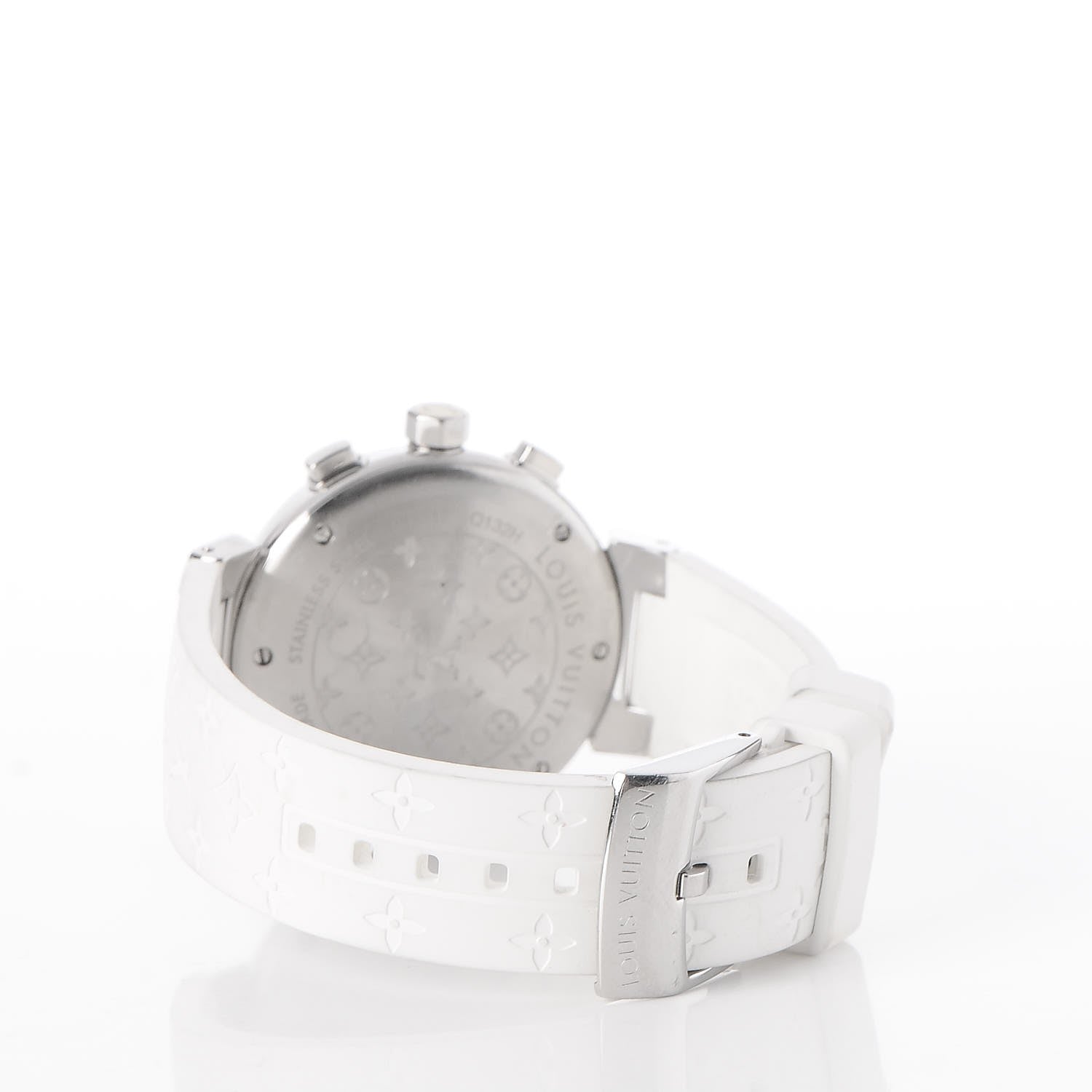 Louis Vuitton Stainless Steel Rubber Diamond Mother of Pearl 34mm Tambour Lovely Cup Quartz Watch 3 of 12