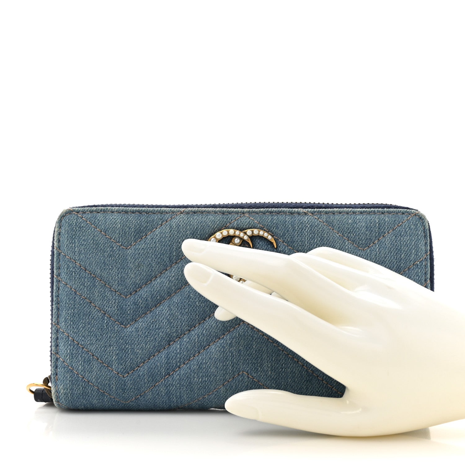 Gucci Denim Matelasse Pearly GG Marmont Zip Around Wallet Blue 2 of 12