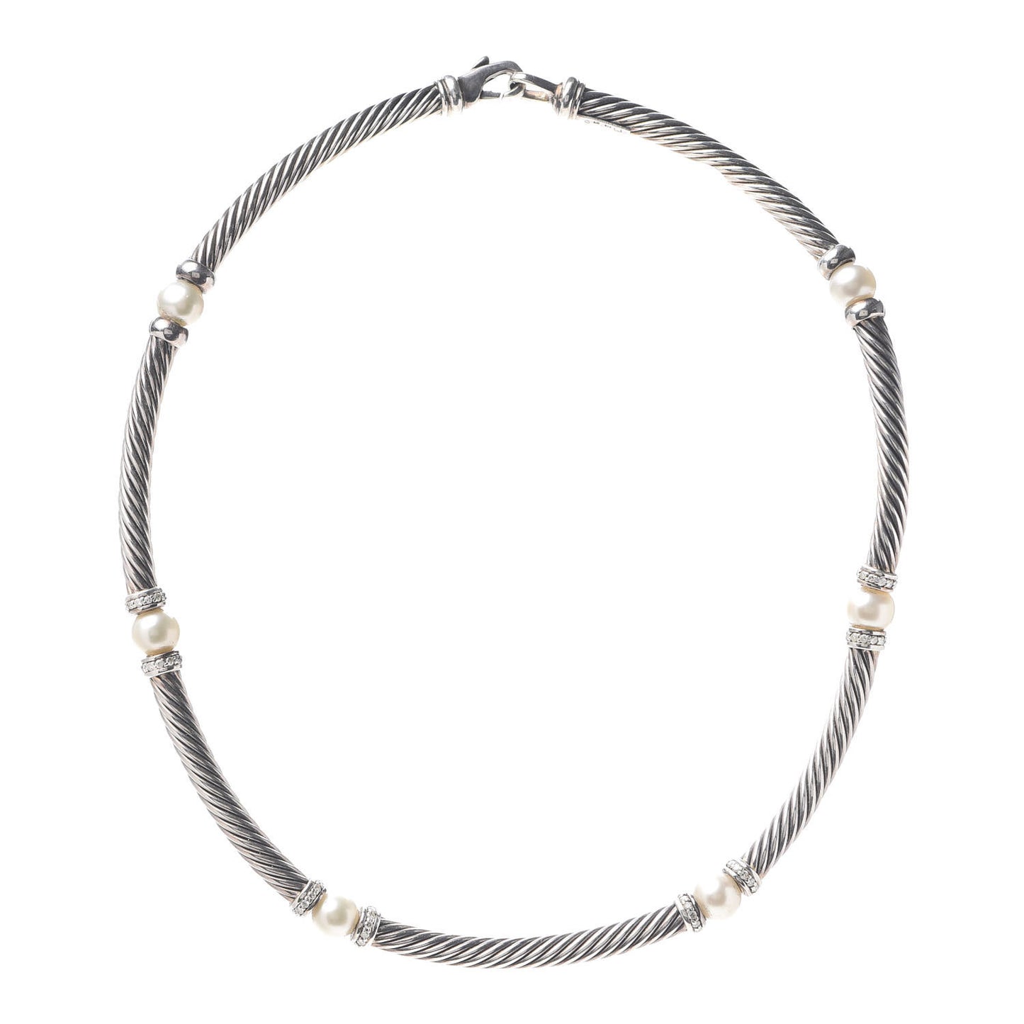 Sterling Silver Diamond Pearl Hampton Cable Choker Necklace