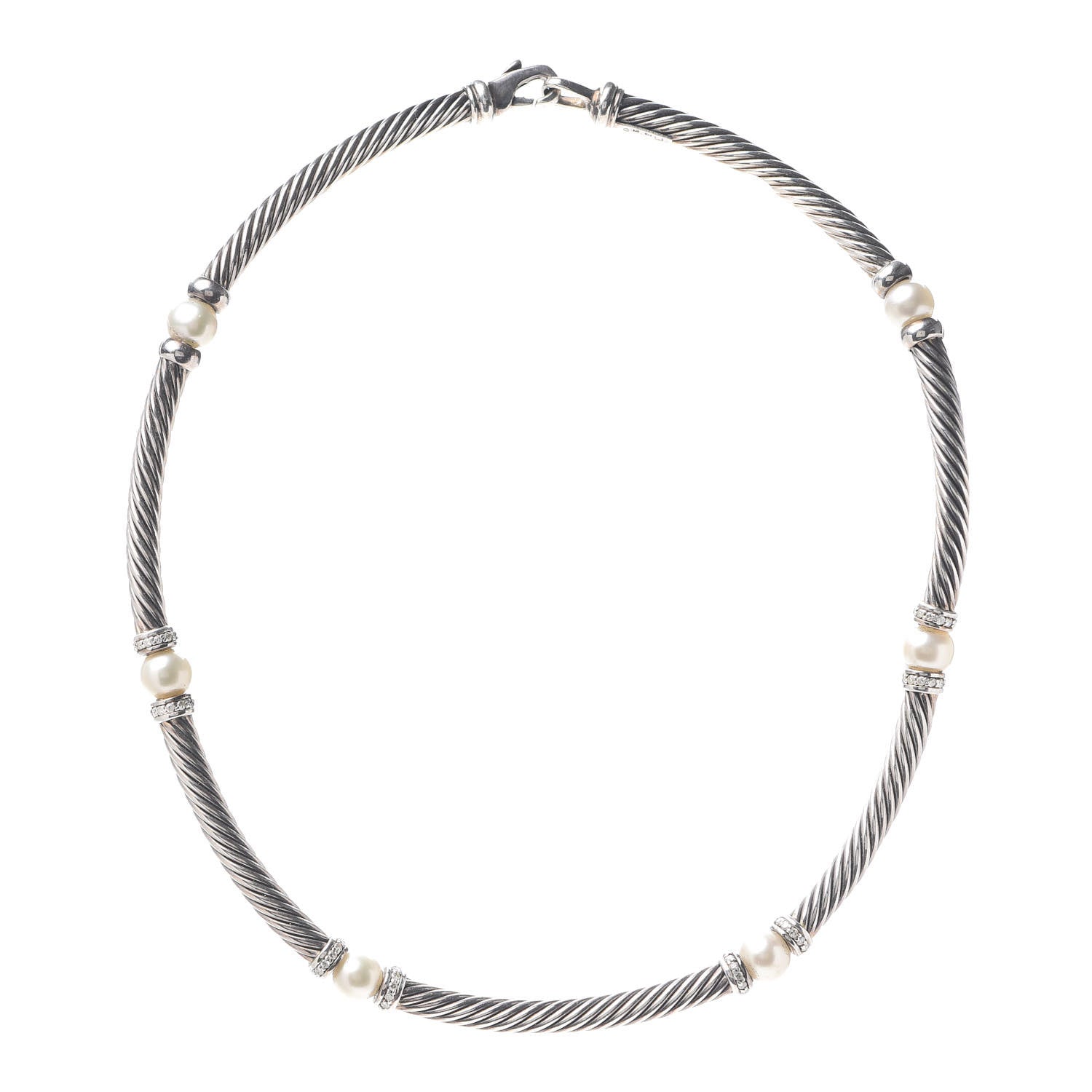 David Yurman Sterling Silver Diamond Pearl Hampton Cable Choker Necklace 1 of 4