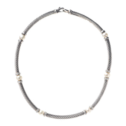David Yurman Sterling Silver Diamond Pearl Hampton Cable Choker Necklace 1 of 4