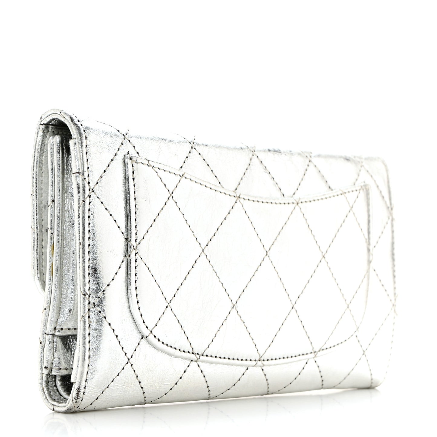 Metallic Aged Calfskin Quilted Reissue Long Flap Wallet Light Silver