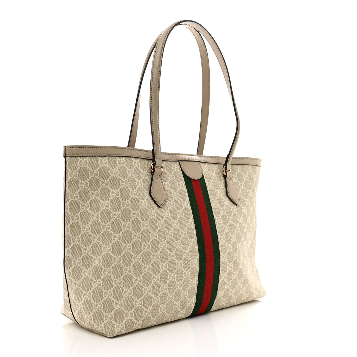 GG Supreme Monogram Textured Dollar Calfskin Web Medium Ophidia Shopping Tote Beige Mystic White Oatmeal