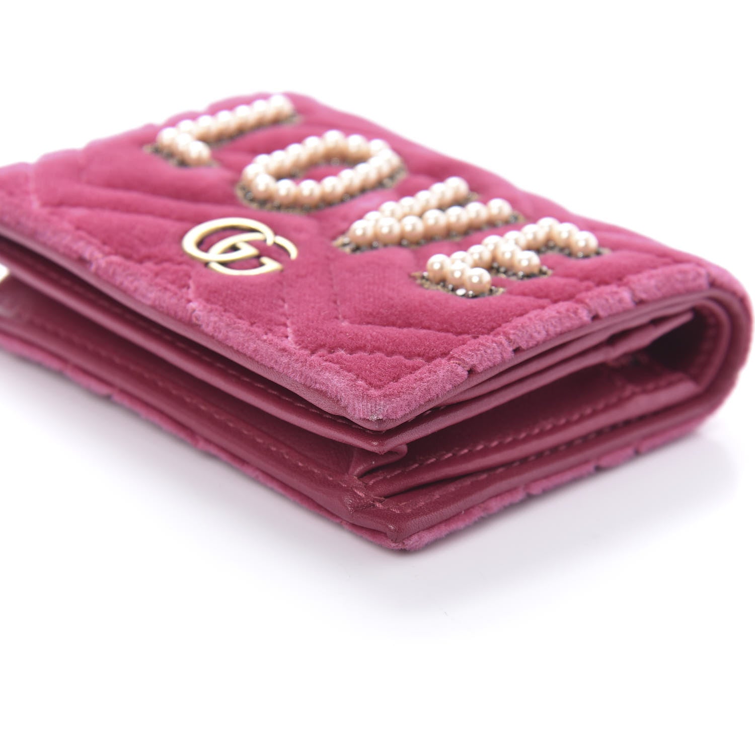 Gucci Velvet Matelasse Pearl Love Embroidered GG Marmont Card Case Wallet Light Raspberry Rose 7 of 9