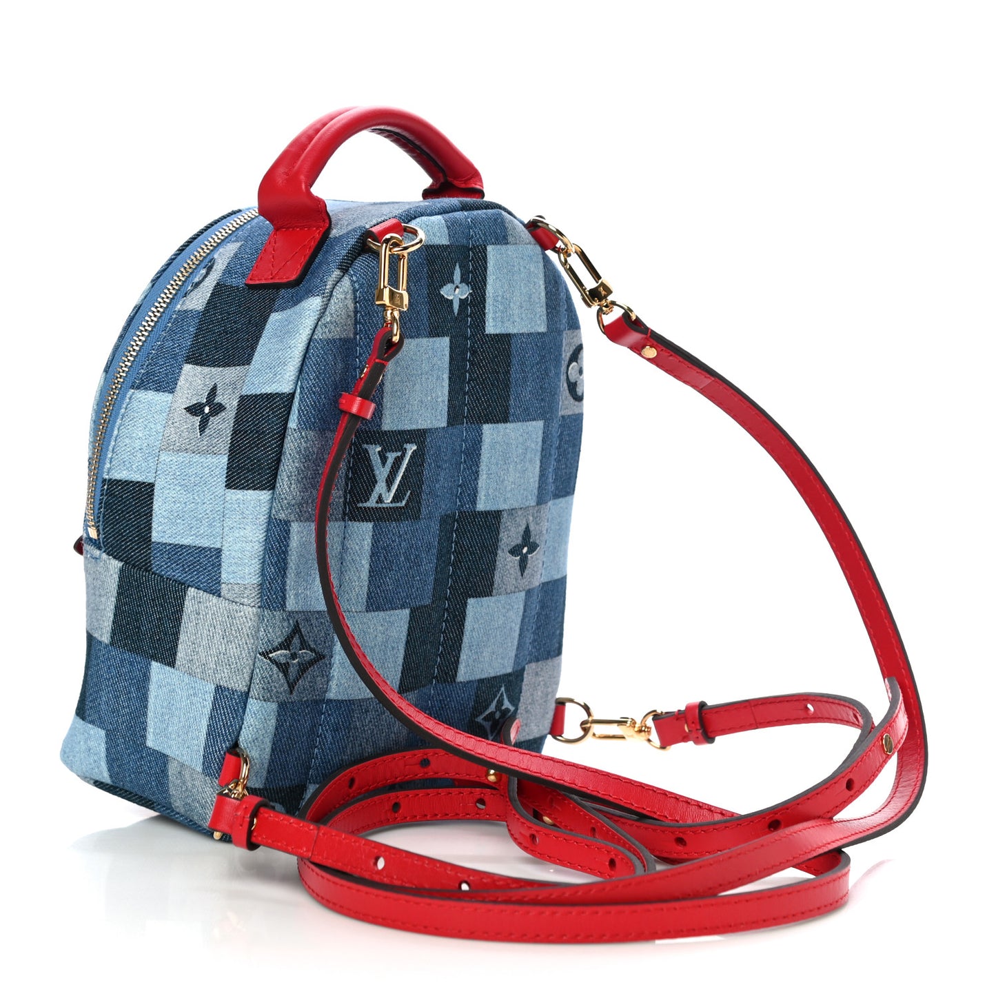 Denim Damier Monogram Patchwork Palm Springs Backpack Mini Blue Rouge