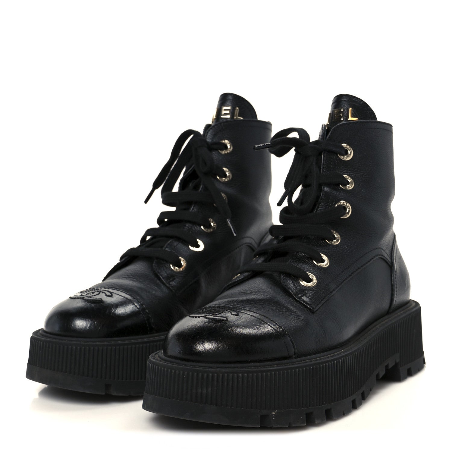 Chanel Grained Calfskin Shiny Calfskin CC Lace Up Combat Boots