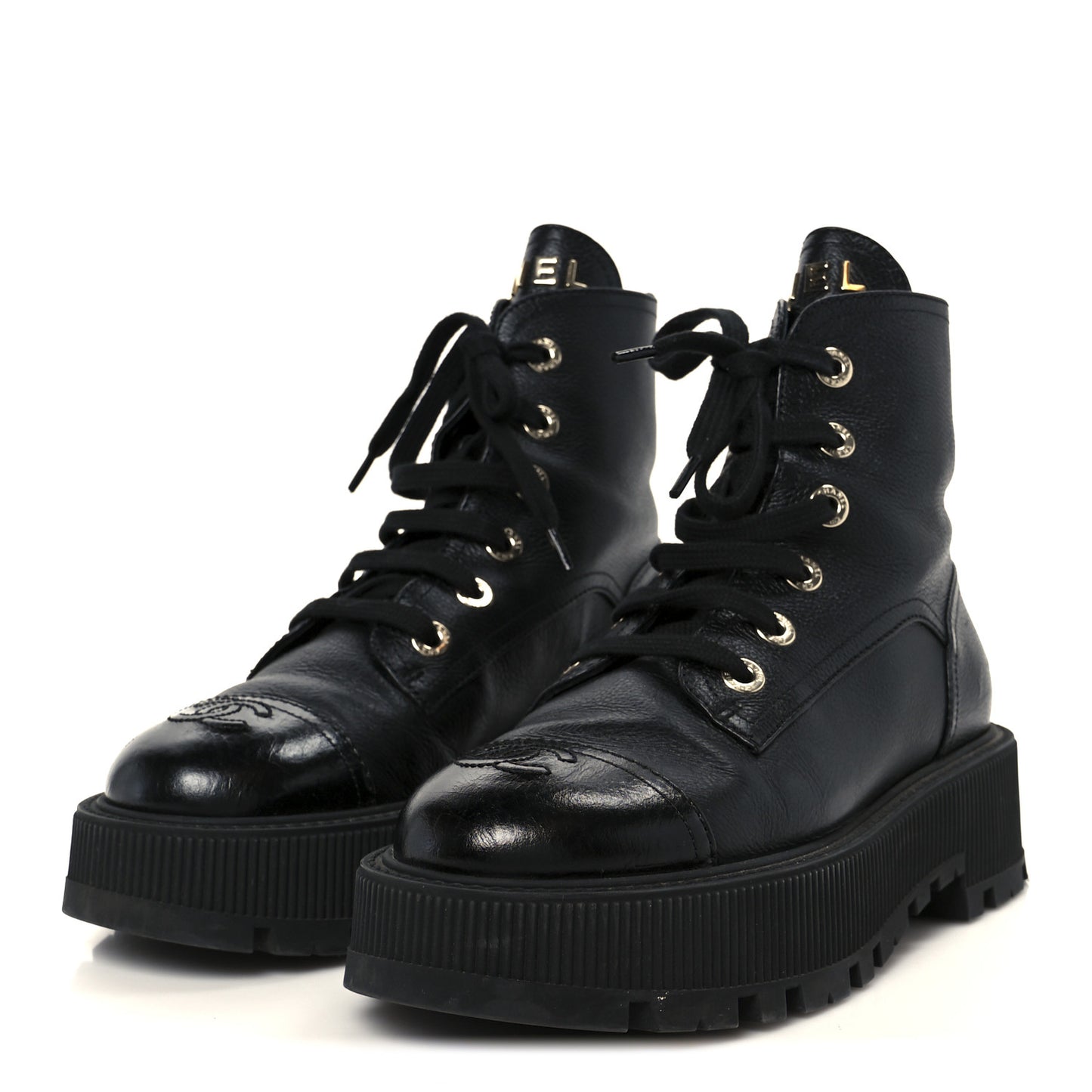 Grained Calfskin Shiny Calfskin CC Lace Up Combat Boots 37.5 Black