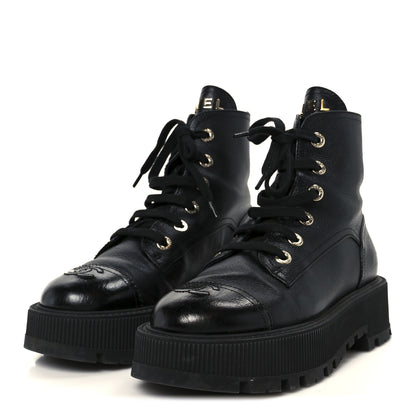 Chanel Grained Calfskin Shiny Calfskin CC Lace Up Combat Boots 37.5 Black 4 of 11
