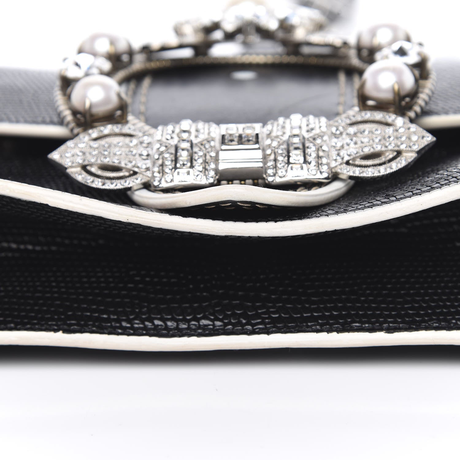 Miu Miu Embossed Lizard Calfskin Crystal Embellished Saint Lucertola Shoulder Bag Black 9 of 14