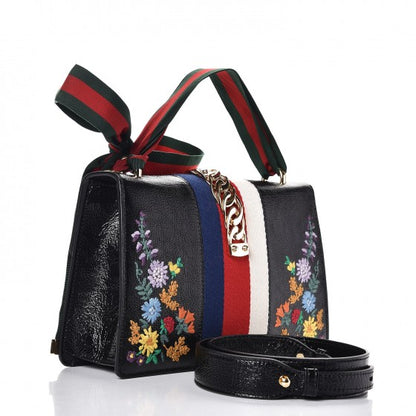 Gucci Calfskin Embroidered Small Sylvie Shoulder Bag Black 6 of 10