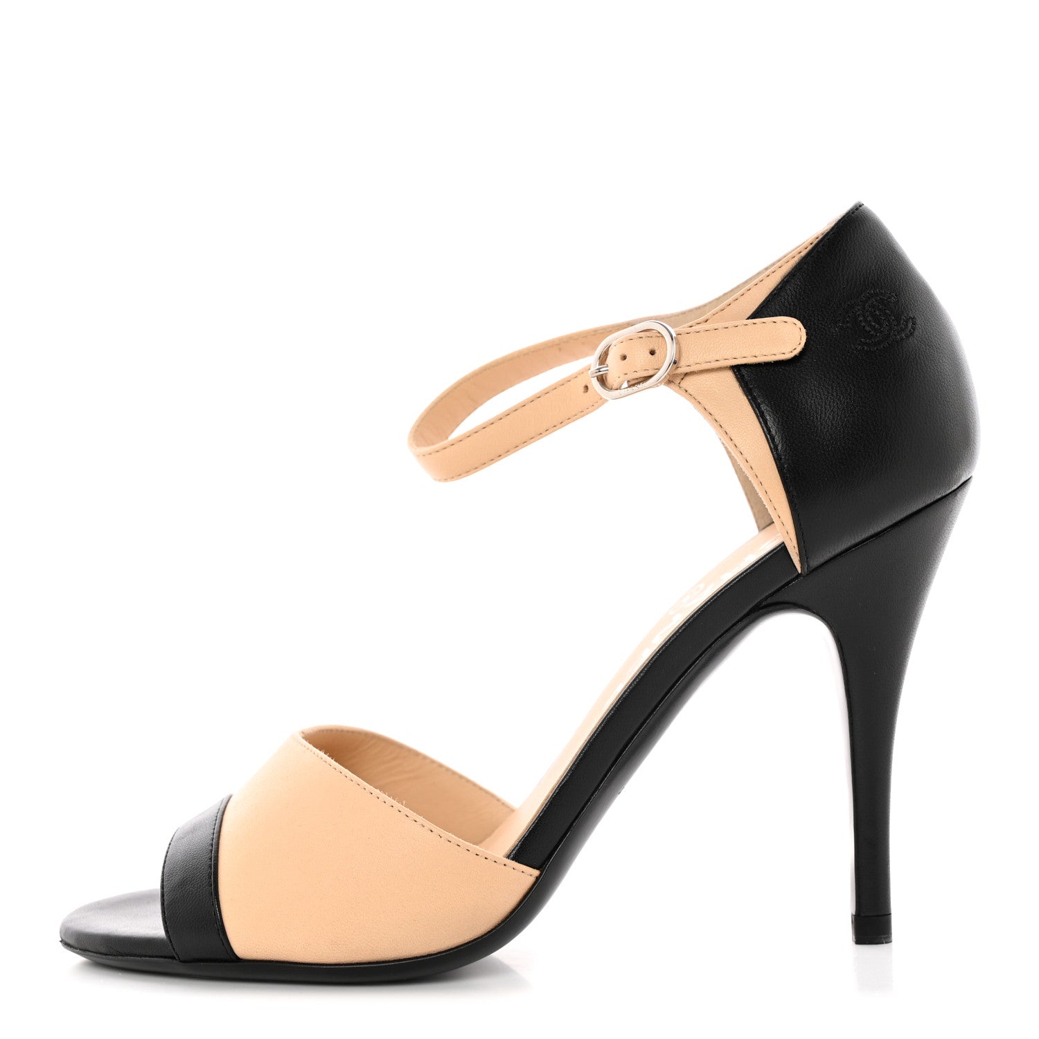 Chanel Lambskin Peep Toe Sandals 36.5 Beige Black 1 of 9