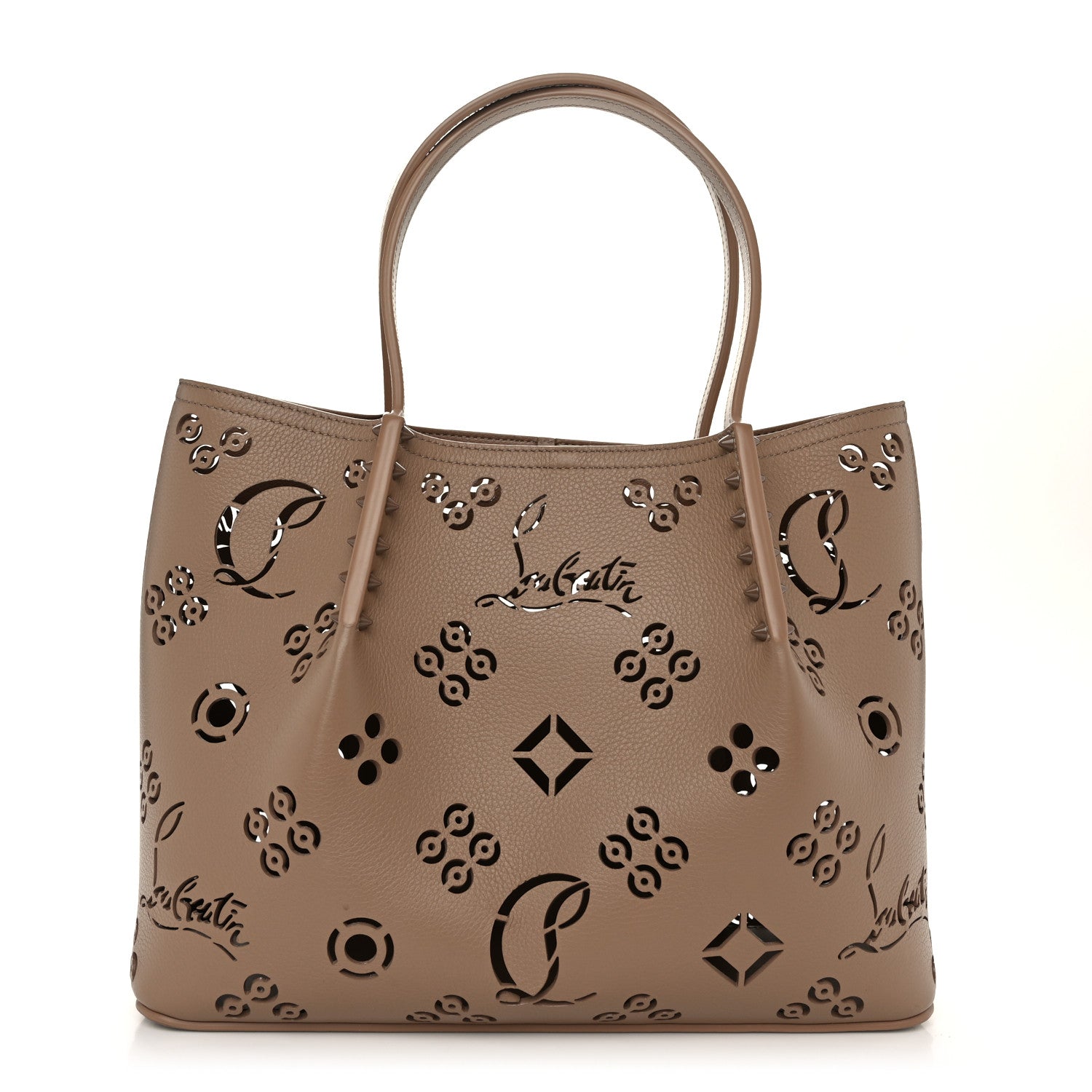 Christian Louboutin Calfskin Perforated Loubinthesky Small Cabarock Spikes Tote Beige 1 of 8