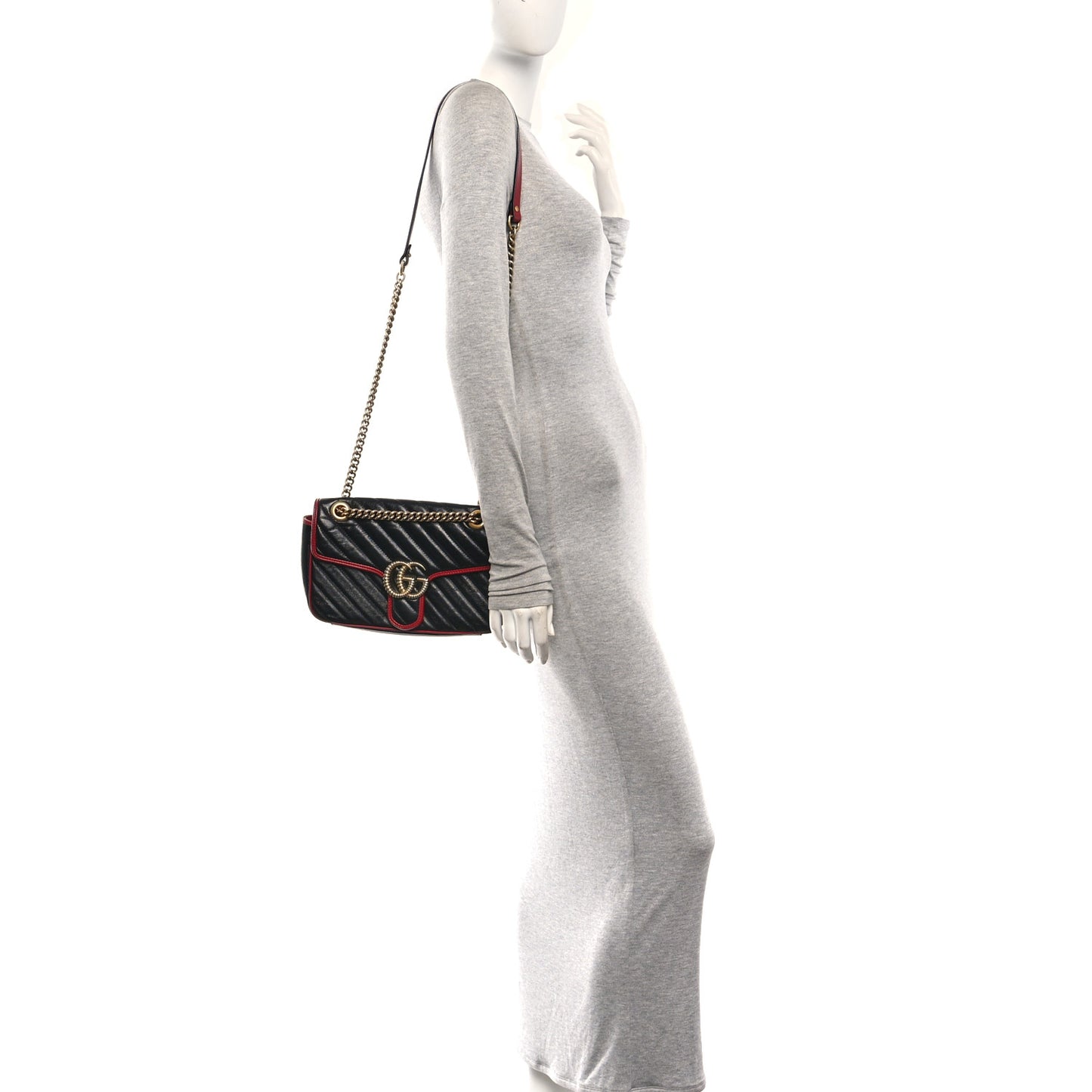 Vintage Effect Calfskin Matelasse Diagonal Small Torchon GG Marmont Shoulder Bag Black Romantic Cherry