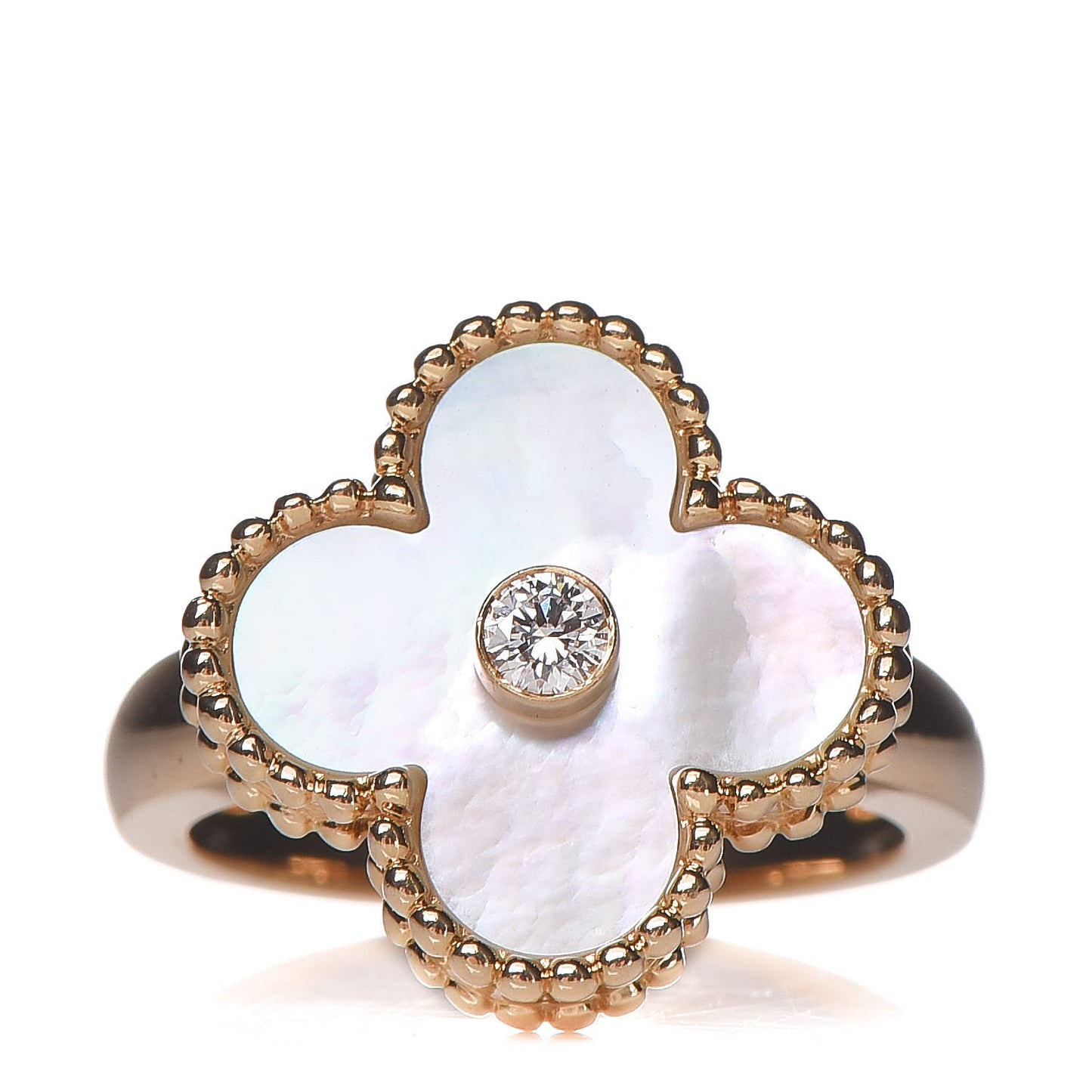 18K Yellow Gold Diamond Mother of Pearl Vintage Alhambra Ring 46 3.75