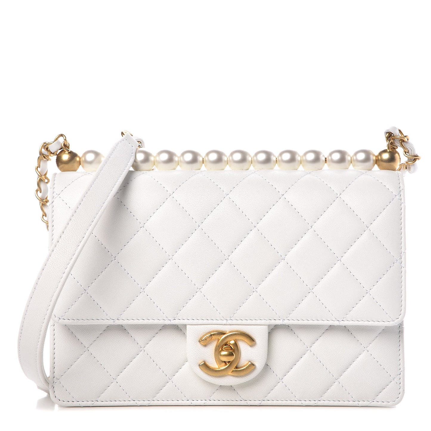 Lambskin Quilted Small Chic Pearls Flap White