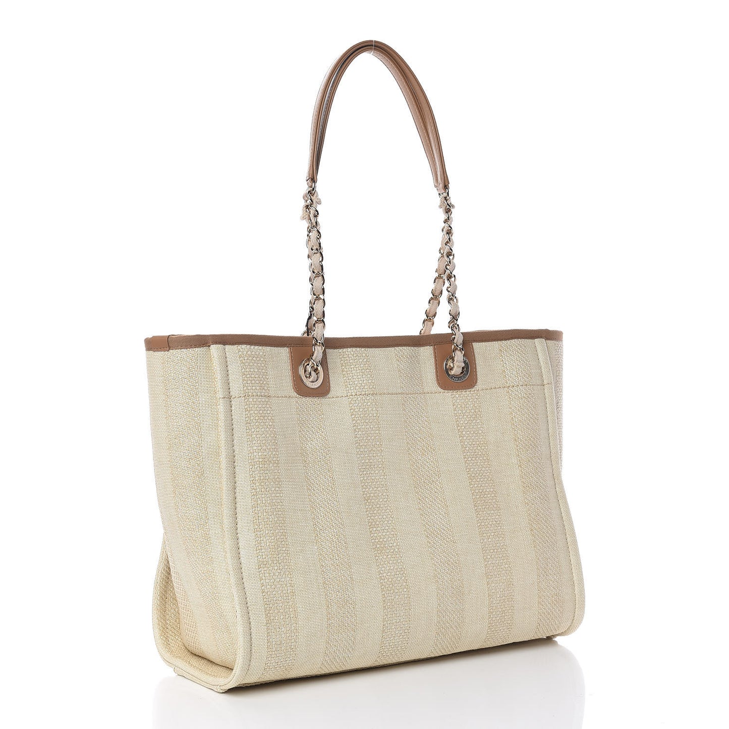 Straw Raffia Calfskin Striped Small Deauville Tote Beige