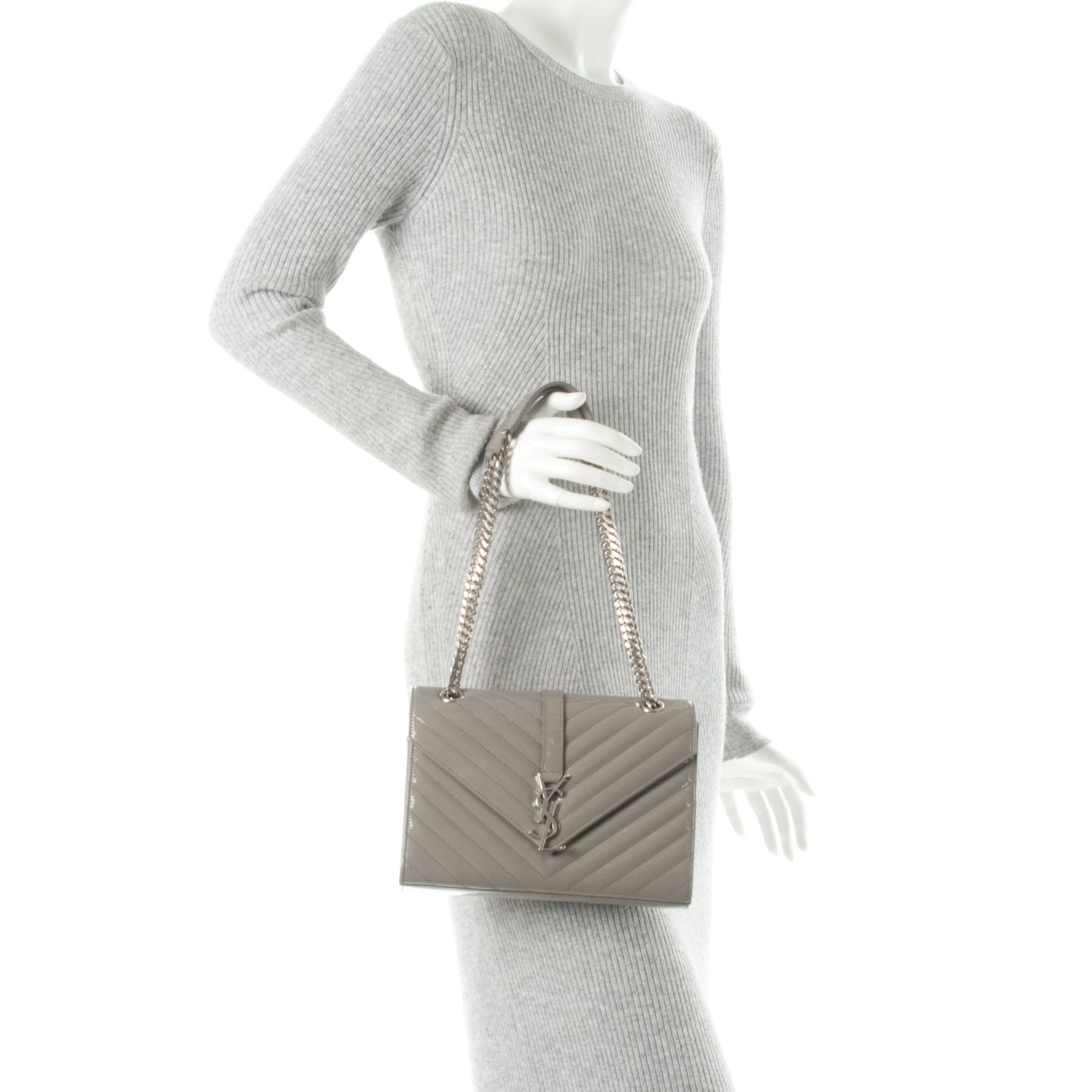 Patent Matelasse Chevron Small Monogram Chain Shoulder Bag Light Grey