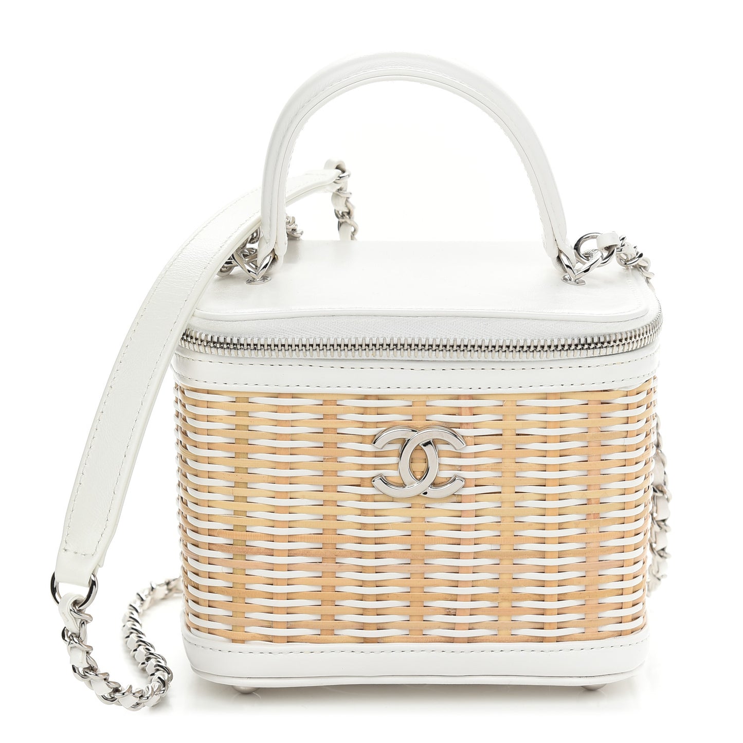 Calfskin Raffia Small Vanity Case Bag White Beige