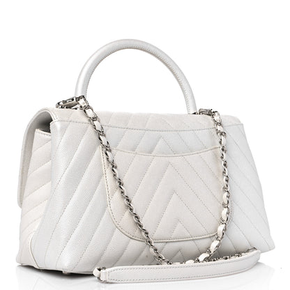 Chanel Iridescent Caviar Chevron Quilted Small Coco Handle Flap White 3 of 17