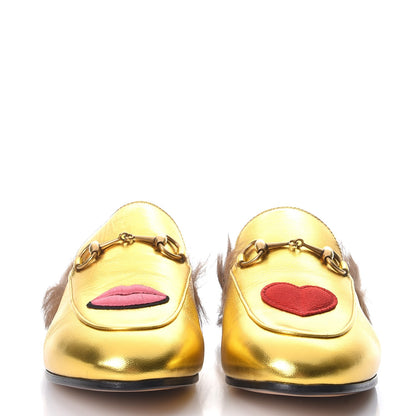 Gucci Metallic Nappa Fur Heart and Lips Womens Princetown Slippers 39.5 Gold 2 of 8