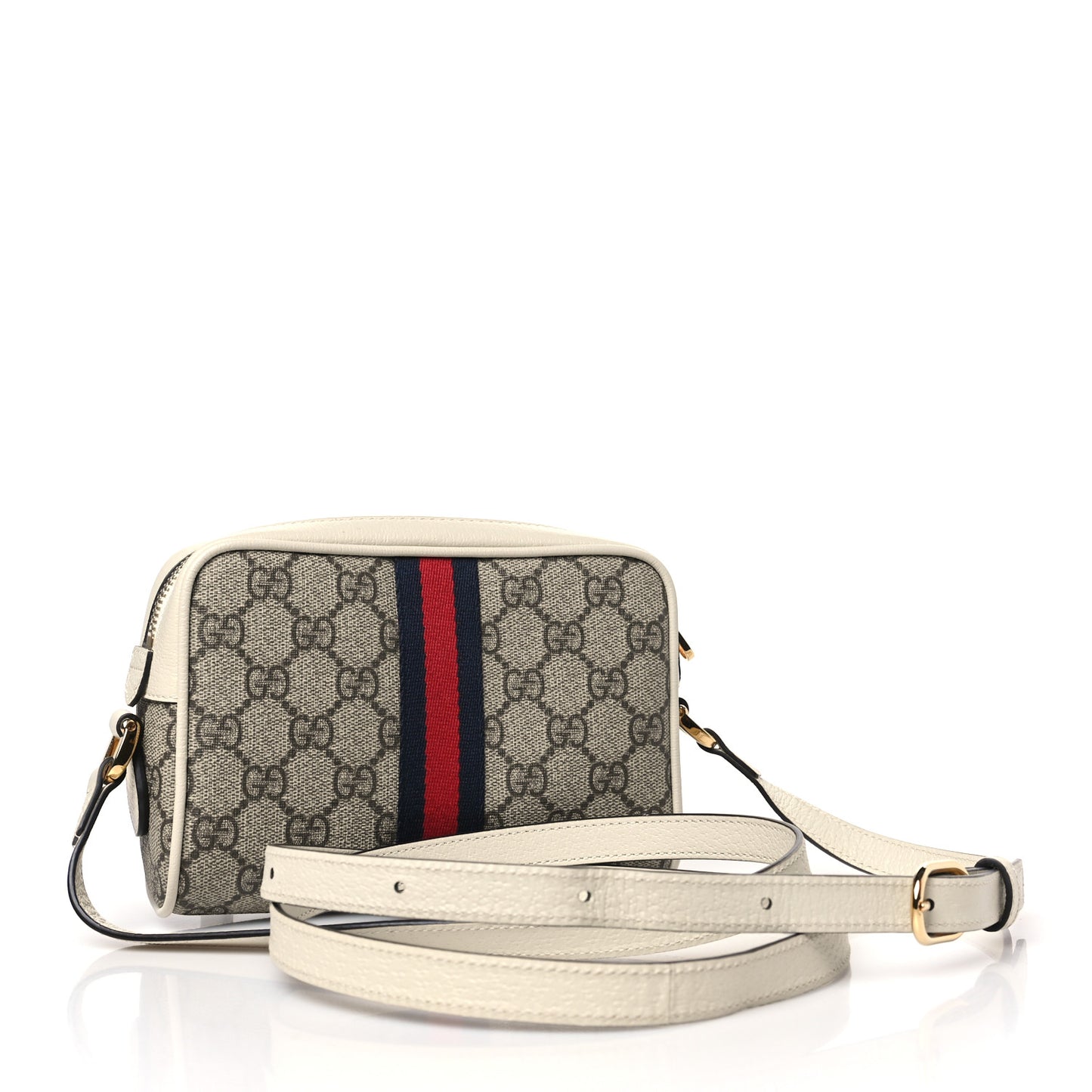 GG Supreme Monogram Textured Calfskin Web Mini Ophidia Shoulder Bag Beige Ebony Mystic White