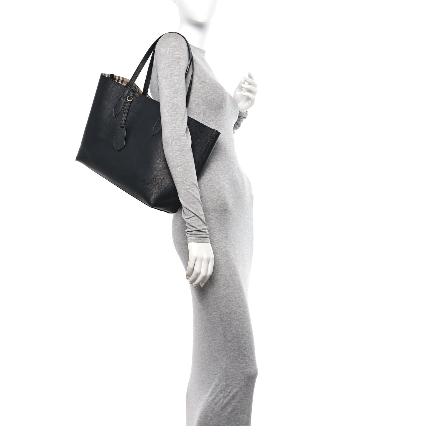 Grainy Calfskin Haymarket Check Medium Reversible Tote Black