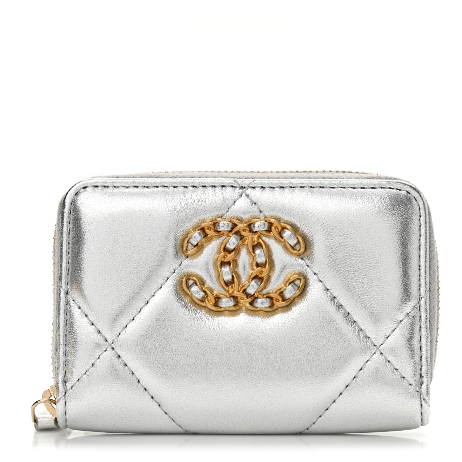 Chanel Metallic Lambskin Quilted Chanel 19 Zip Around Coin Purse Wallet Silver 1 of 8