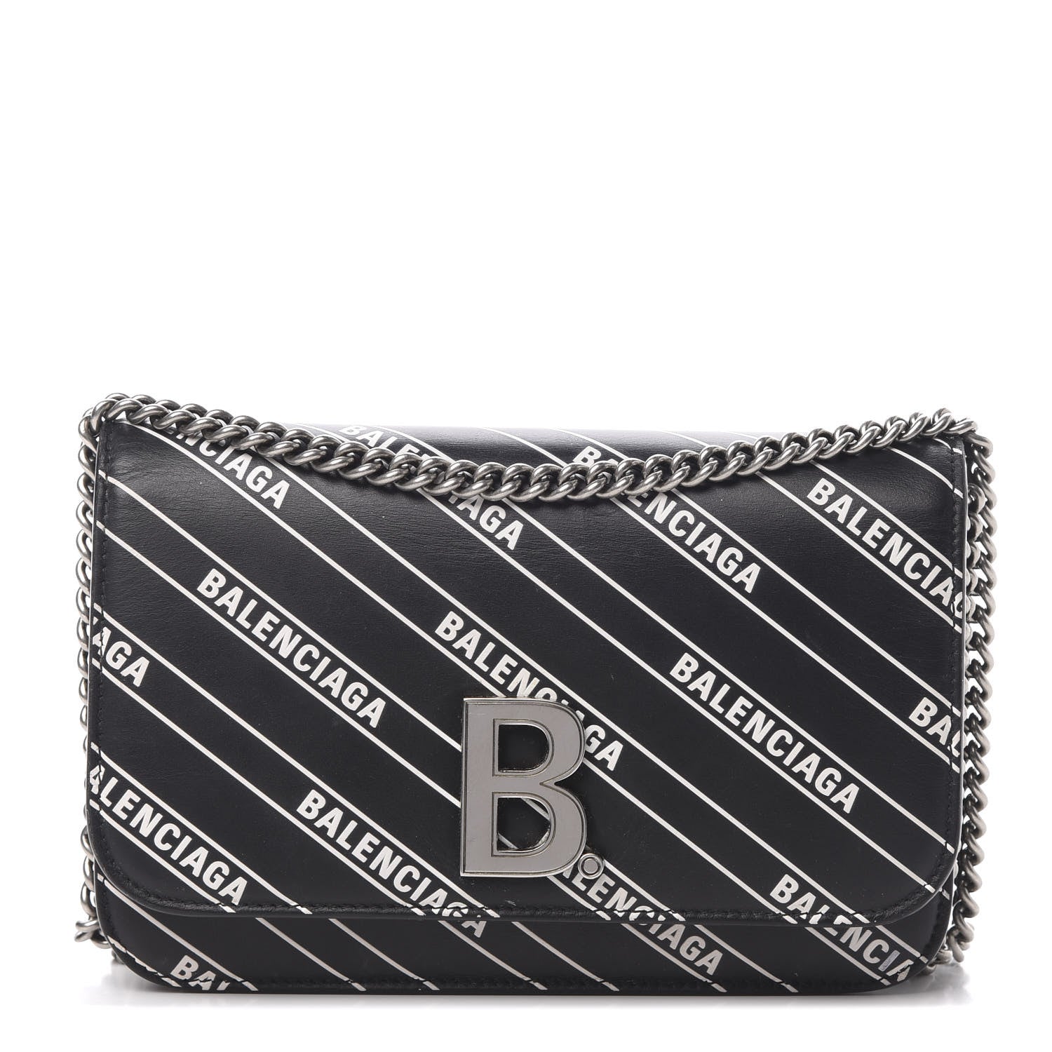 Balenciaga Matte Calfskin Diagonal Allover Logo Print B Wallet on Chain Black White 1 of 12