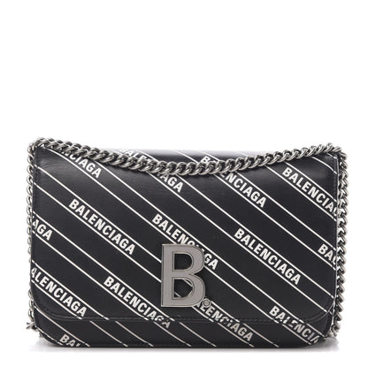 Balenciaga Matte Calfskin Diagonal Allover Logo Print B Wallet on Chain Black White 1 of 12