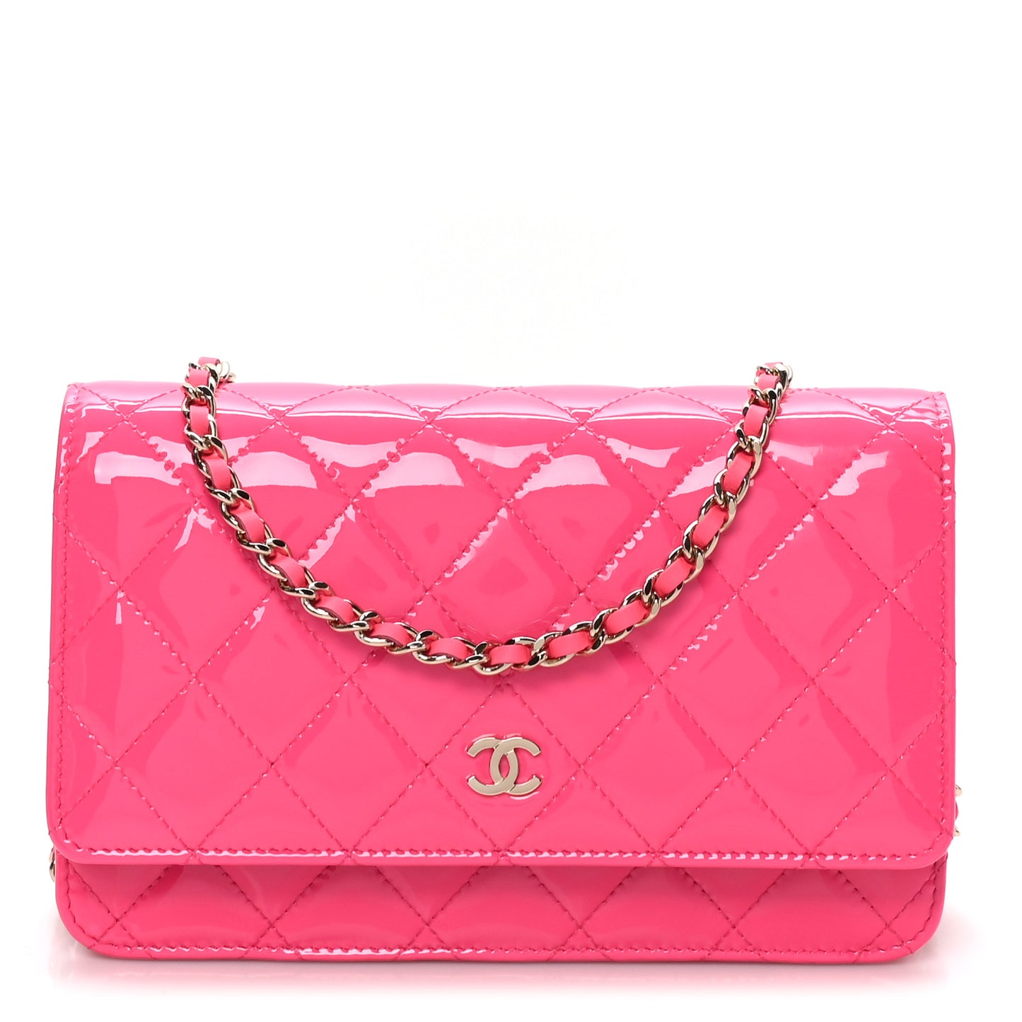 Patent Calfskin Quilted Wallet On Chain WOC Pink
