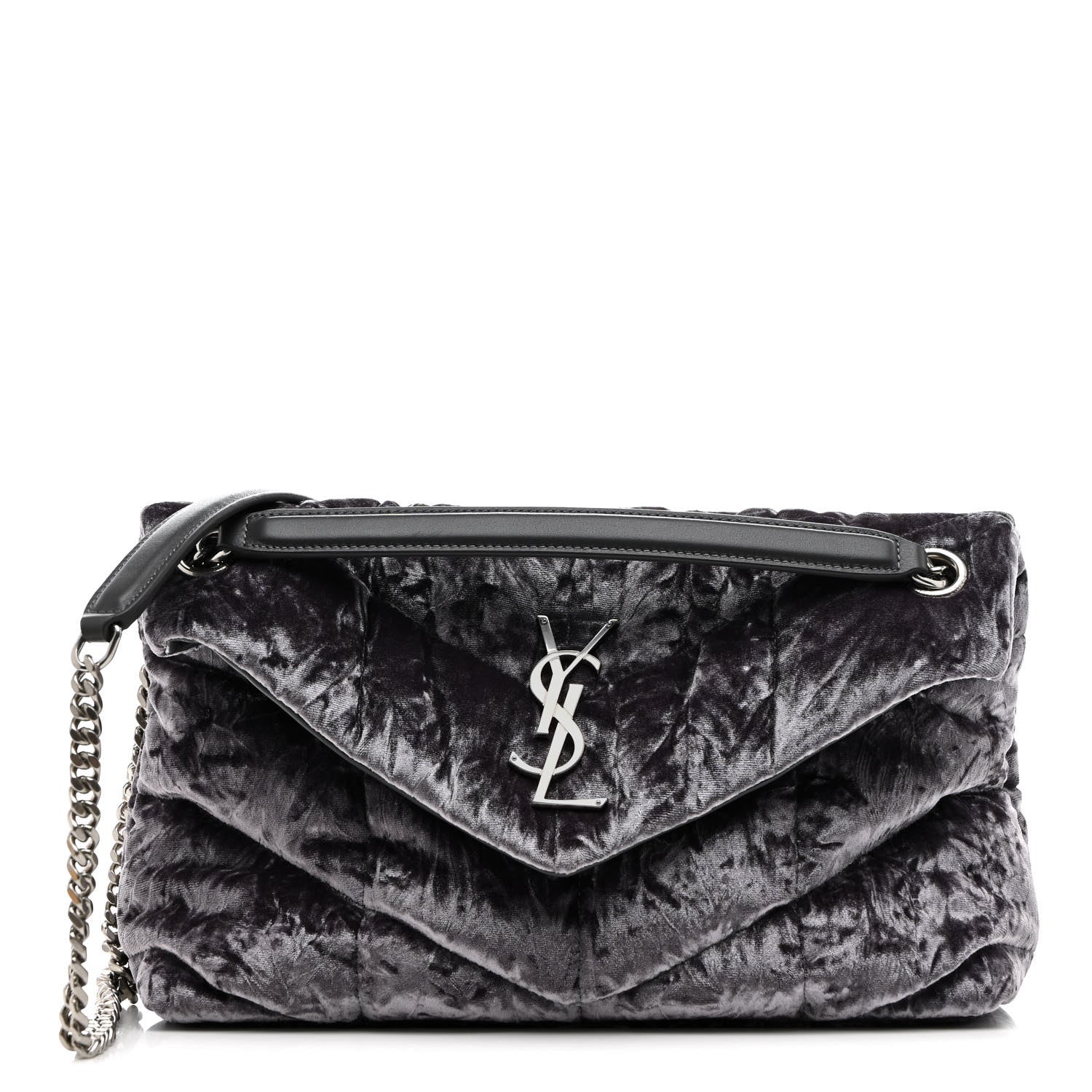 Saint Laurent Crushed Velvet Quilted Small Loulou Puffer Monogram Chain Satchel Iron Grey 1 of 11