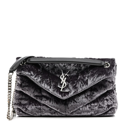 Saint Laurent Crushed Velvet Quilted Small Loulou Puffer Monogram Chain Satchel Iron Grey 1 of 11